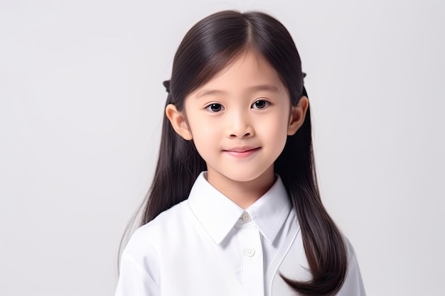 A young girl with long black hair and a white shirt