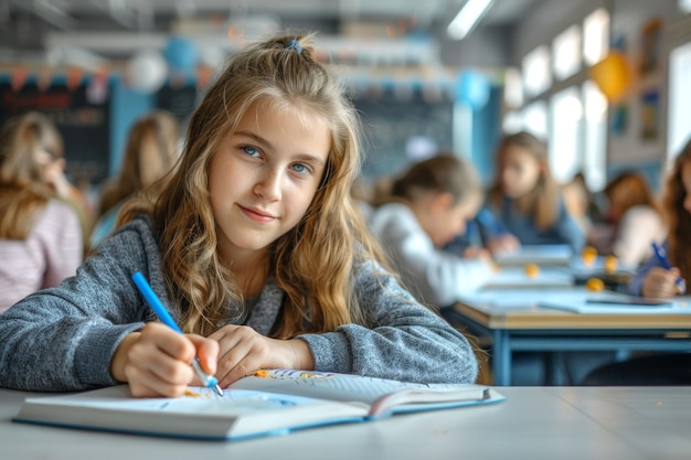 Young girl with long blonde hair writing in a notebook in a classroom