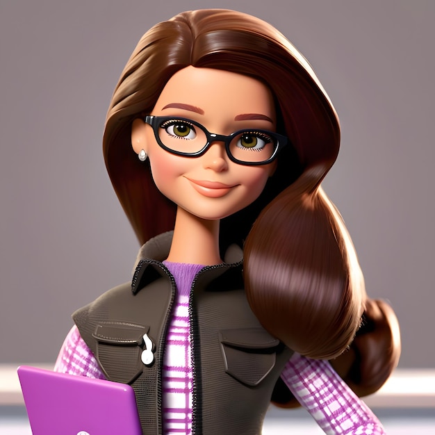 A young girl with long brown hair black glasses and a pink tablet in her hand