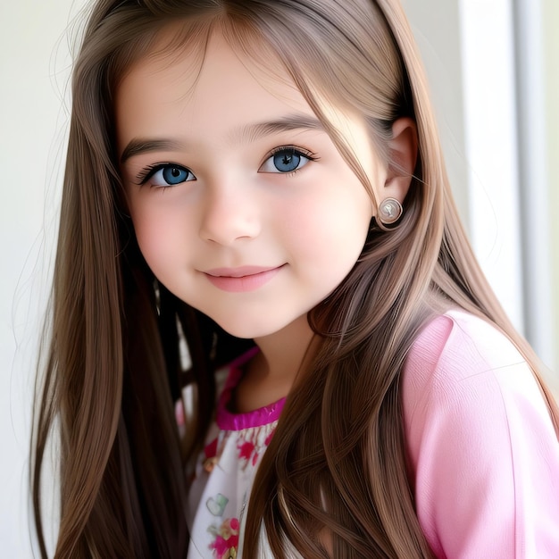 A young girl with long brown hair and a pink shirt with a flower on it.