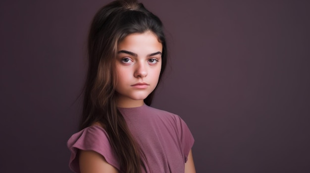 A young girl with long brown hair and a purple shirt stands in front of a dark purple wall.