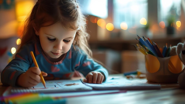 A young girl with long brown hair sits at a table intently drawing with colored pencils She