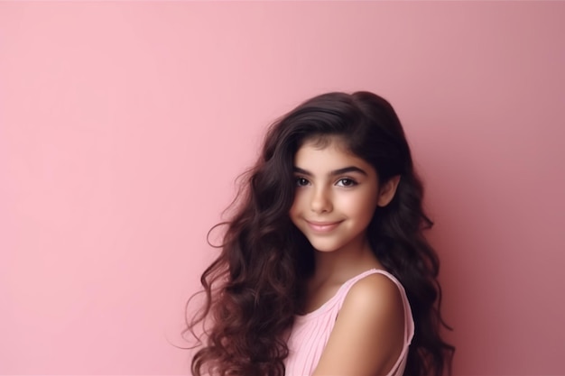 A young girl with long brown hair stands in front of a pink wall.