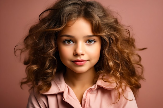 Young girl with long curly hair and pink shirt Generative AI