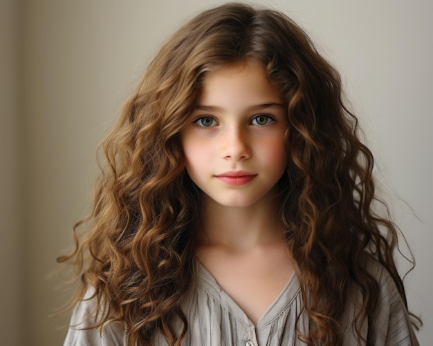 a young girl with long curly hair sitting in front of a window