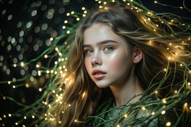 Photo a young girl with long flowing hair is surrounded by luminous fairy lights