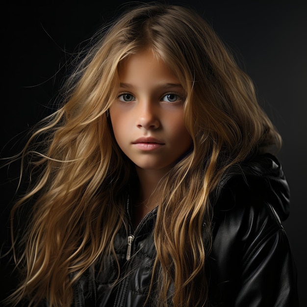 a young girl with long hair and a black jacket