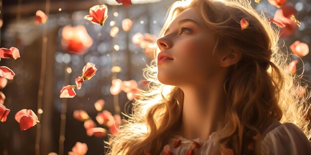 Photo young girl with long hair standing in sunlight under falling rose petals concept portrait photography natural light lifestyle shoot flower petals long hair