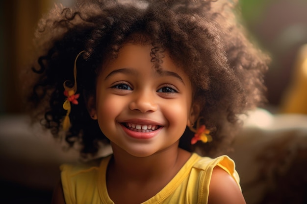 A young girl with a natural hair style smiles at the camera.