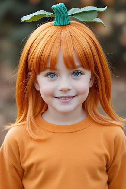 a young girl with orange hair and a yellow shirt with a big smile