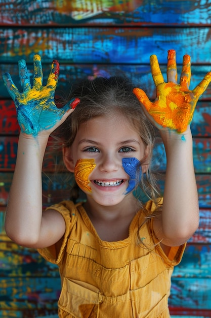 Photo a young girl with paint on her hands