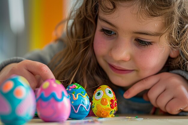 a young girl with a painted face and easter eggs