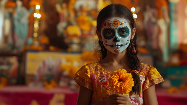 Photo a young girl with a painted face and flowers in her hair