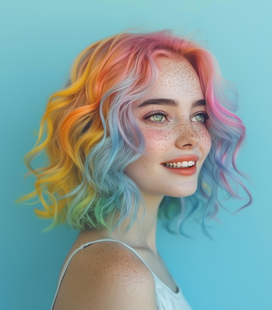 Young girl with pastel rainbow hair and freckles exuding whimsical vibe against soft blue background