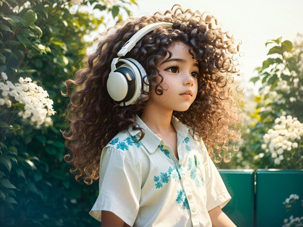 A young girl with peaceful expression her long curly hair swaying in the breeze wear green shirt