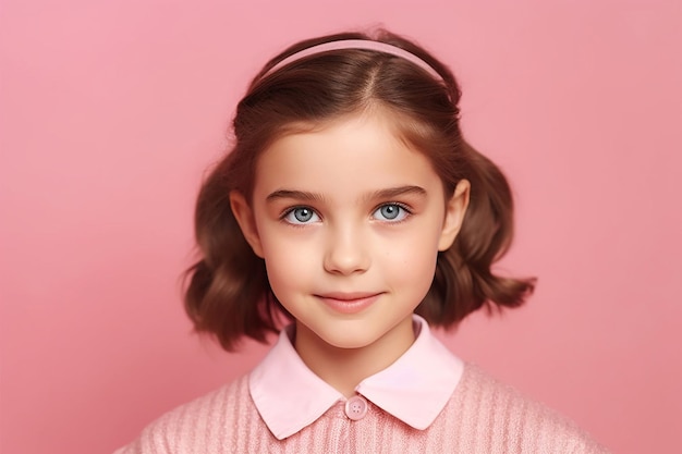 A young girl with a pink shirt and blue eyes is posing for a photo.