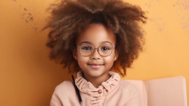 A young girl with a pink sweater and glasses smiles for the camera.