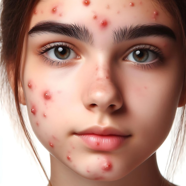 Young Girl with Pustule Acne on Her Face Closeup in Full White Background