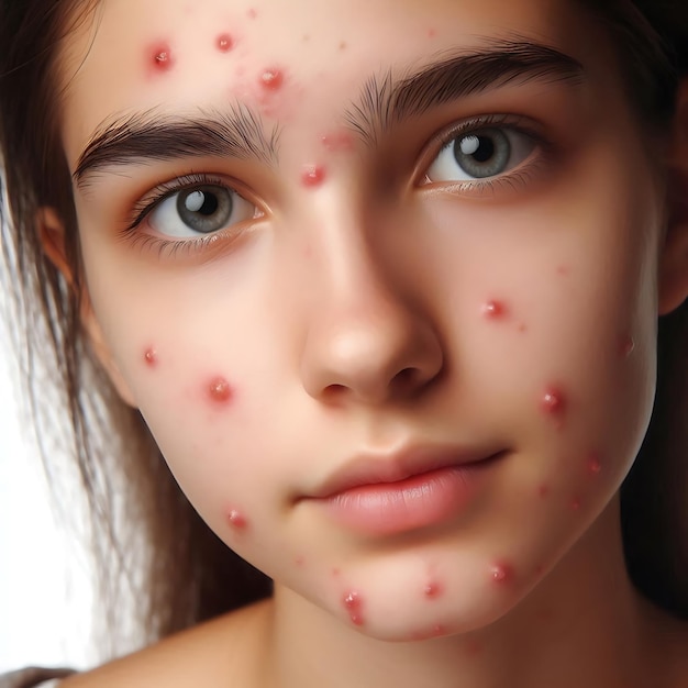 Young Girl with Pustule Acne on Her Face Closeup in Full White Background