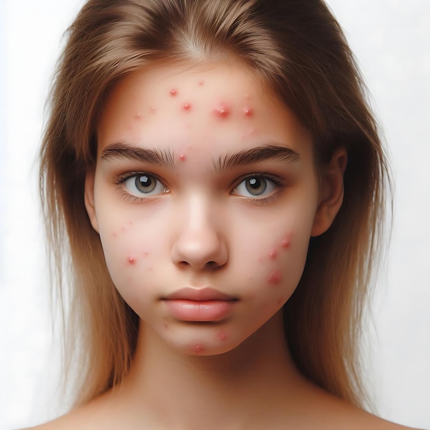 Photo young girl with pustule acne on her face closeup in full white background