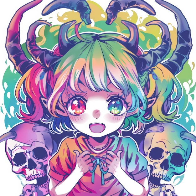 A young girl with rainbow hair and horns surrounded by skulls in a colorful and abstract illustration