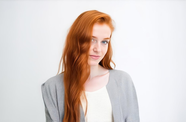 Young girl with red hair and blue eyes white studio background