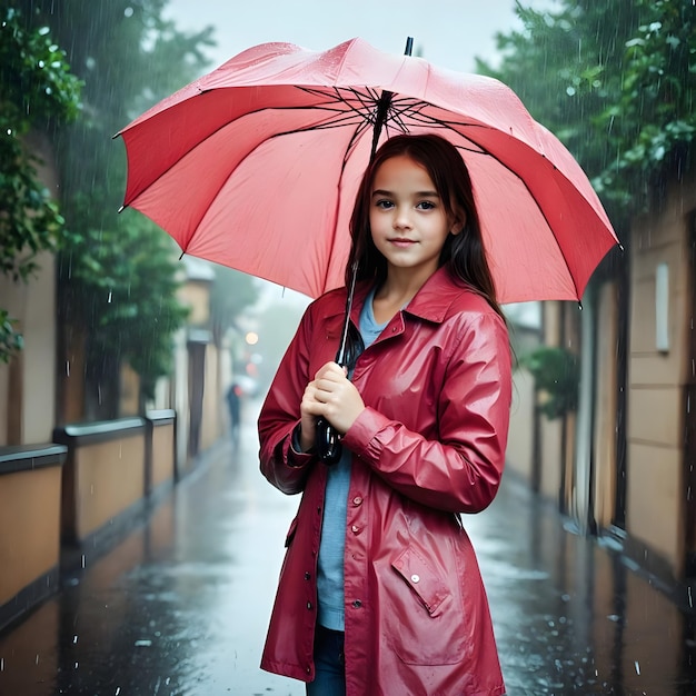 a young girl with a red umbrella stands in the rain