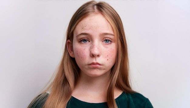 Photo young girl with sad face and pimples on her face closeup