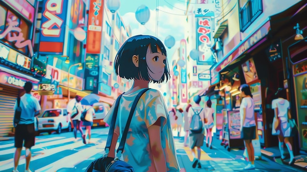 A young girl with short black hair stands in a busy street in Japan