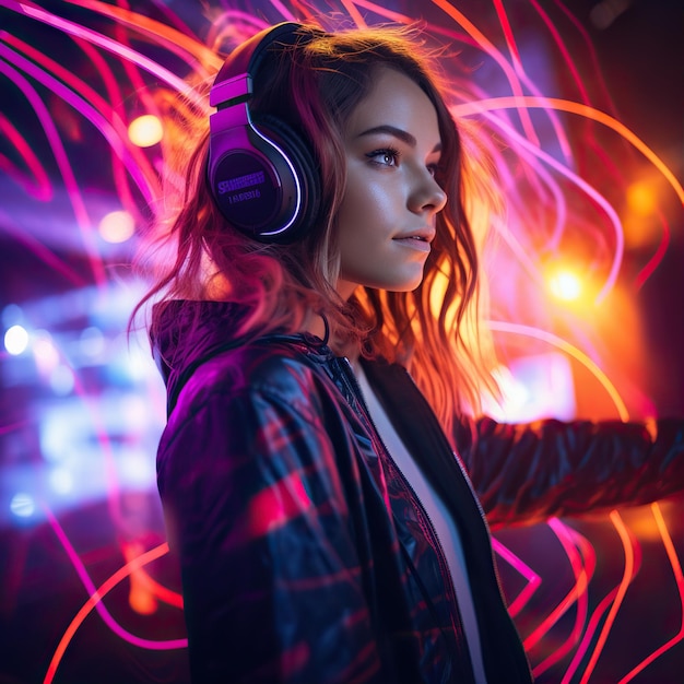 young girl with silent headphone disco head