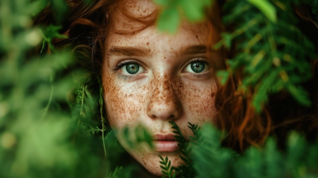 Photo a young girl with striking red hair and freckles gazes directly at the viewer framed by vibrant green foliage in a serene forest environment