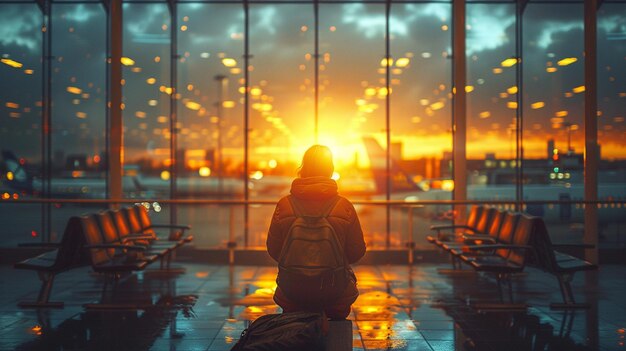 young girl with suitcase and backpack on airport background