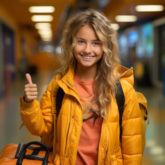 Young Girl With Tickets And Suitcase Showing Thumb Up