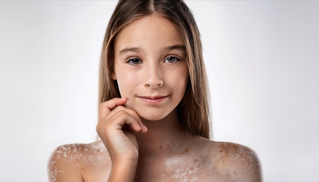 Photo young girl with vitiligo on her face closeup in full white background