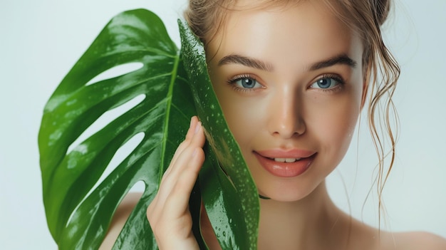 young girl with wet skin holds a green tropical leaf in hands and covers a part of her face