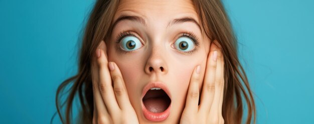 Young girl with wide eyes and hands on face expressing surprise against a blue background conveying shock and amazement