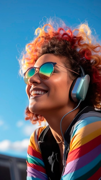 young girl woman stylish LGTB smiles listening music gender diversity inclusion