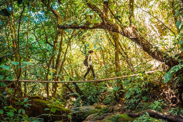 A young girl on a wooden bridge of the Cerro Azul Meambar National Park