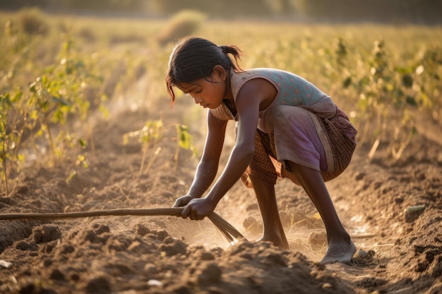 Young Girl Working in a Field Under the Hot Sun