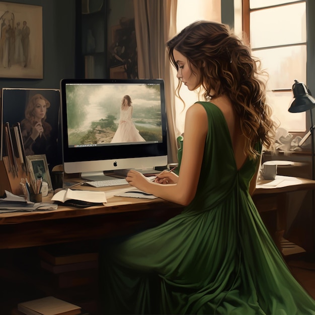 A young girl working on laptop were green dress