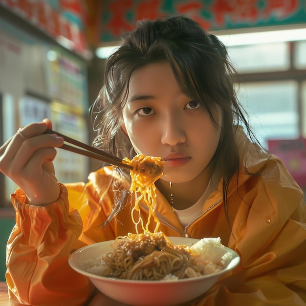 Photo a young girl in a yellow raincoat eating noodle with chopsticks