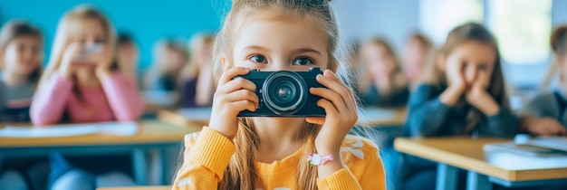 Photo a young girl in a yellow sweater is taking a picture with a digital camera in a classroom setti