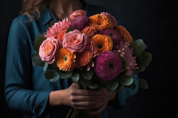 Young girl39s hand holding a bouquet of flowers