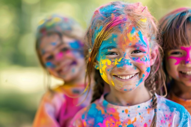 Young girls at event with faces painted in magenta smiling and happy