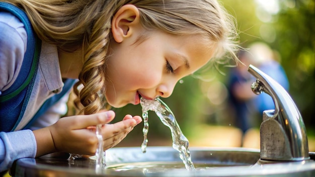 Photo young girls hands and flowing water at the school water fountain drink tap