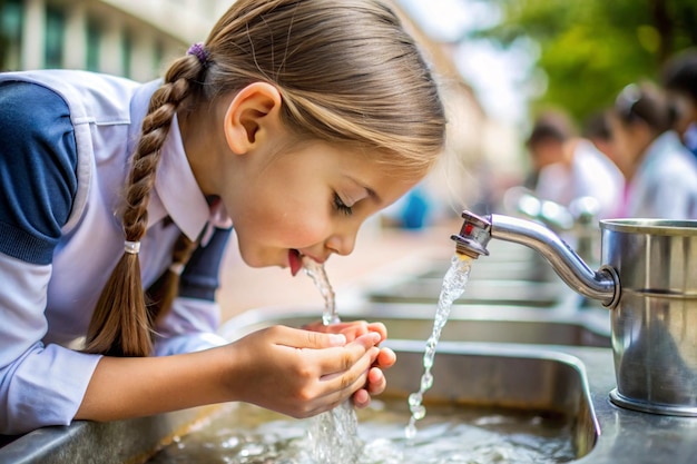 Photo young girls hands and flowing water at the school water fountain drink tap