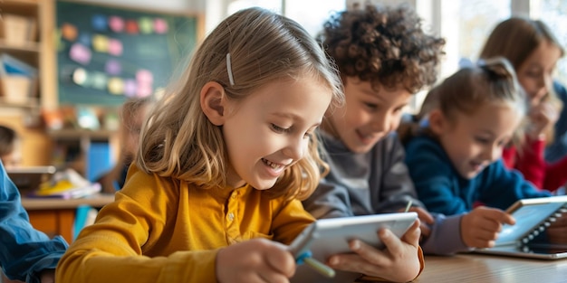 A Young Girls Joyful Discovery in a Modern Classroom