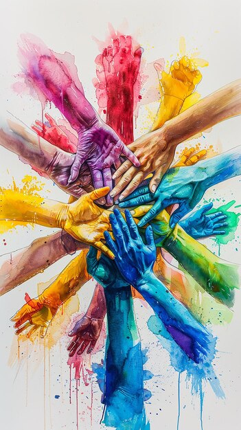 Young Girls Teamwork Hands In Vibrant Colors on White Background