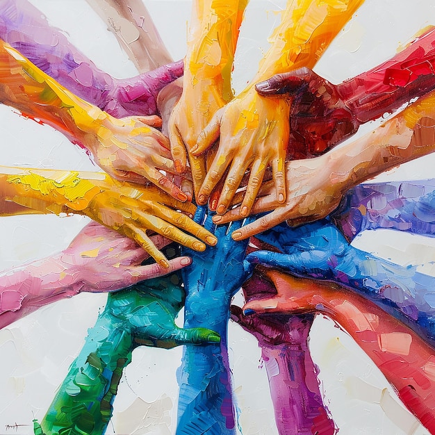 Young Girls Teamwork Hands In Vibrant Colors on White Background