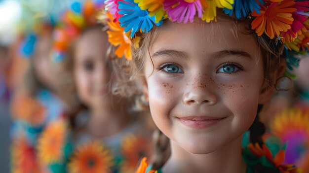 Young Girls Wearing Colorful Flowers in Their Hair